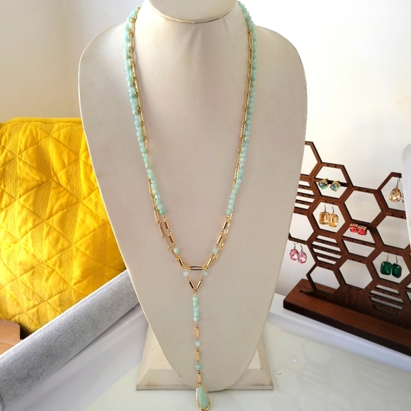 Anne Klein Layered Lariat Gold-Tone Beaded Necklace / Mint - Picture 3 of 9